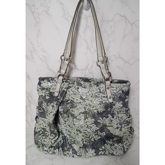 B Makowsky Large Leather Gray/Green/Lace Design Tote Bag - EUC - Picture 1 of 8